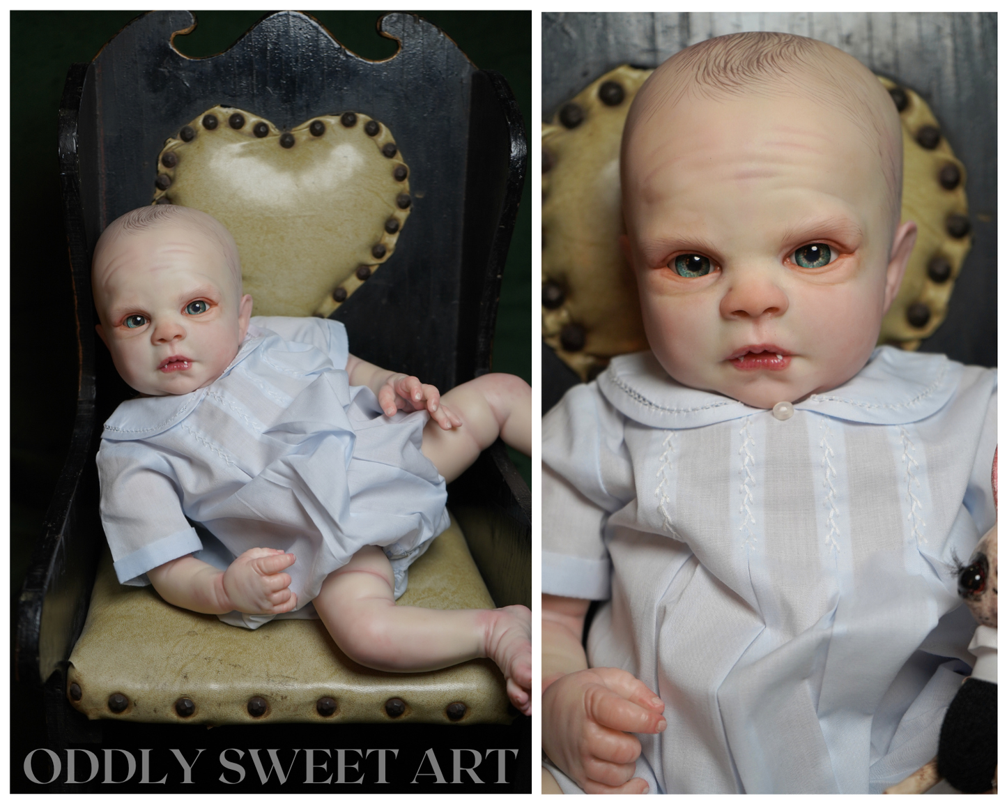 A split-panel photo showing a realistic baby doll or collectible infant figure seated in a dark upholstered chair with a heart-shaped backrest. The left panel shows the full figure in a white outfit, and the right panel is a close-up of the face and upper body.