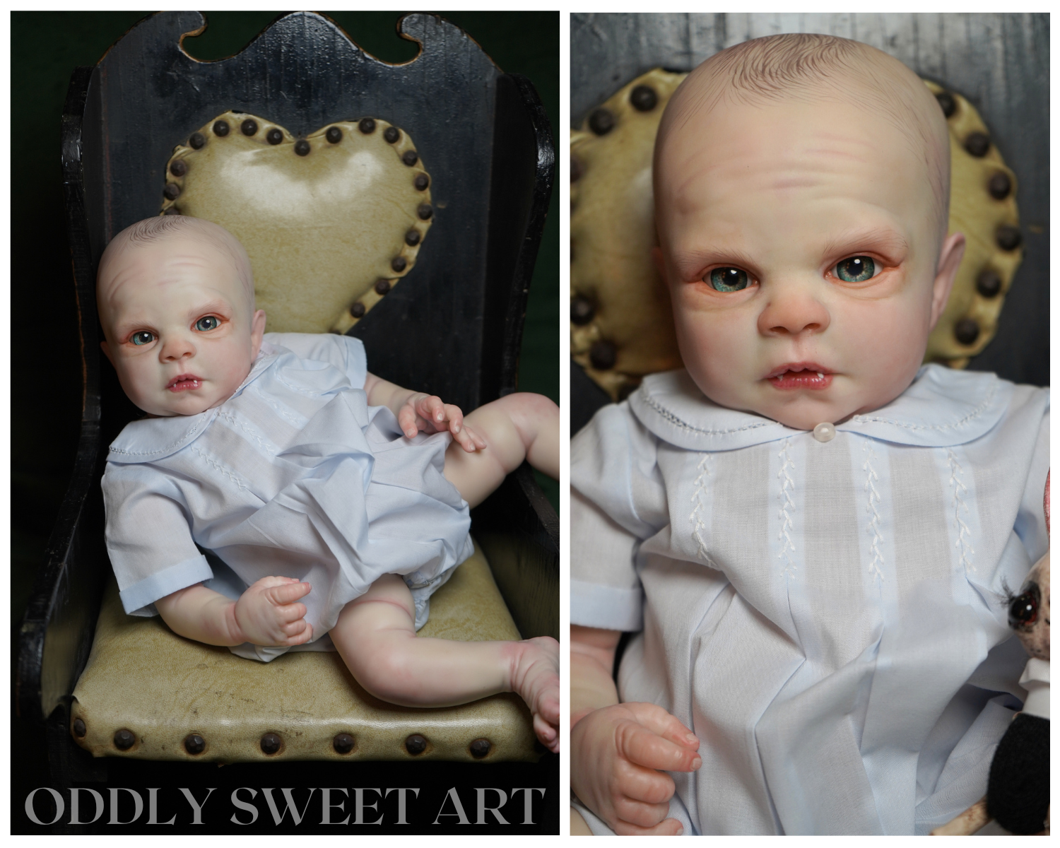 A split-panel photo showing a realistic baby doll or collectible infant figure seated in a dark upholstered chair with a heart-shaped backrest. The left panel shows the full figure in a white outfit, and the right panel is a close-up of the face and upper body.