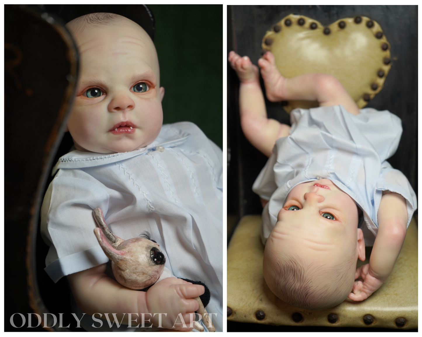 A split-panel photo showing a realistic baby doll or collectible infant figure from two angles. The left panel shows the doll seated and holding a small rabbit toy, wearing a white shirt.