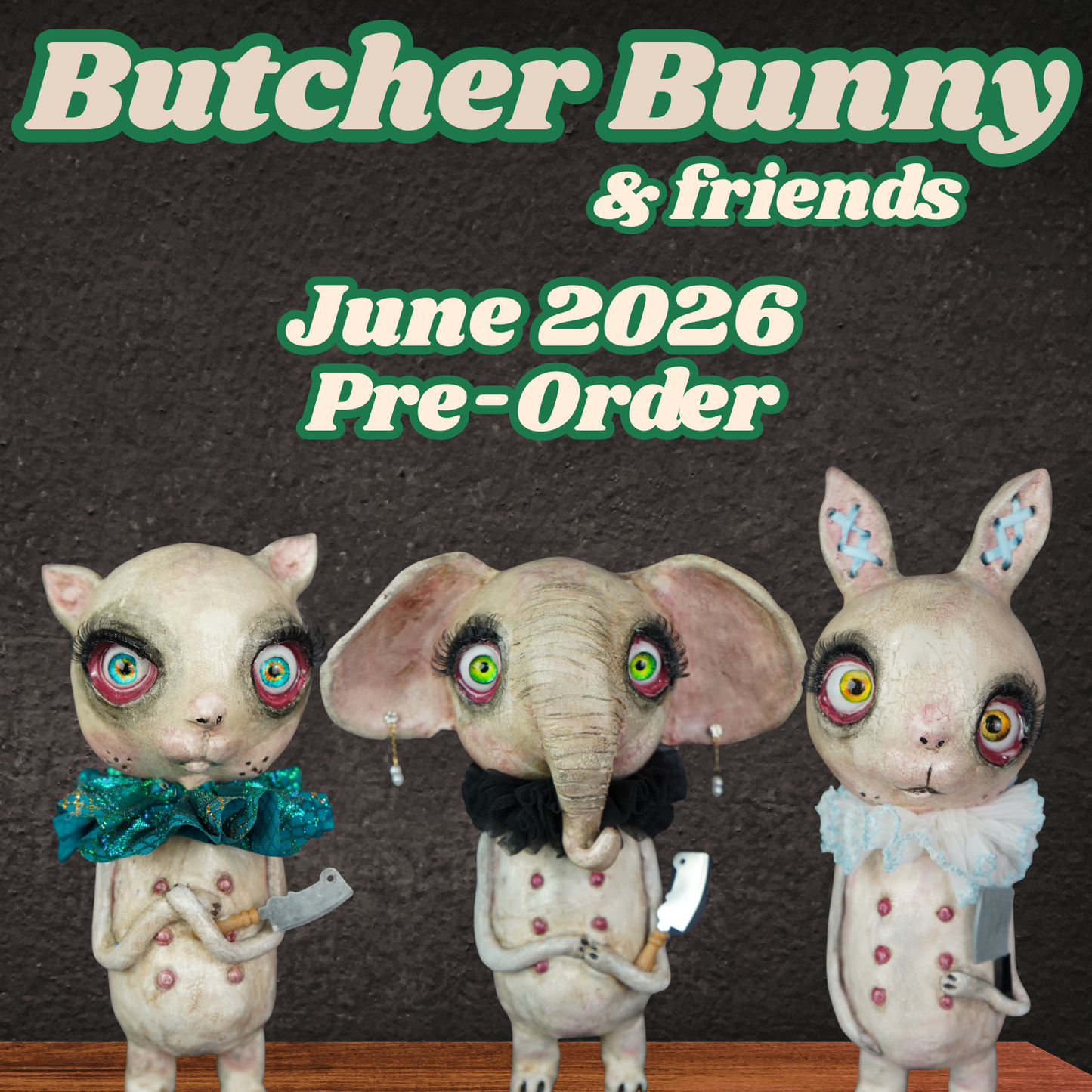 Three cartoonish animal characters with Butcher Bunny branding and pre-order text for June 2026.