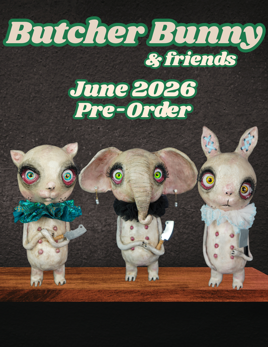 Three cartoonish animal characters with Butcher Bunny branding and pre-order text for June 2026.
