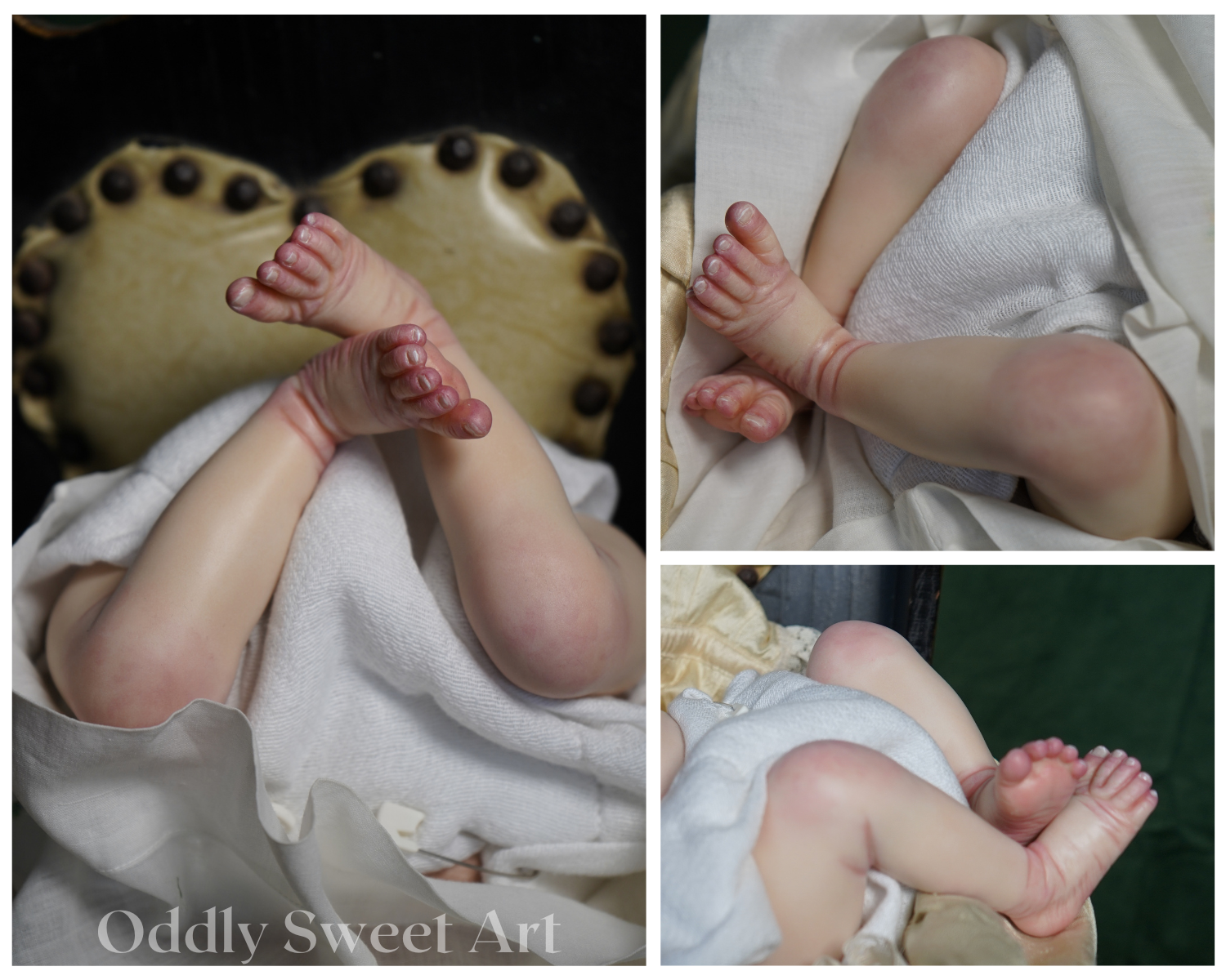 A three-panel collage showing a realistic doll or baby figurine with bare feet, wrapped in white fabric, posed against a dark upholstered chair. The text 'Oddly Sweet Art' appears at the bottom left.