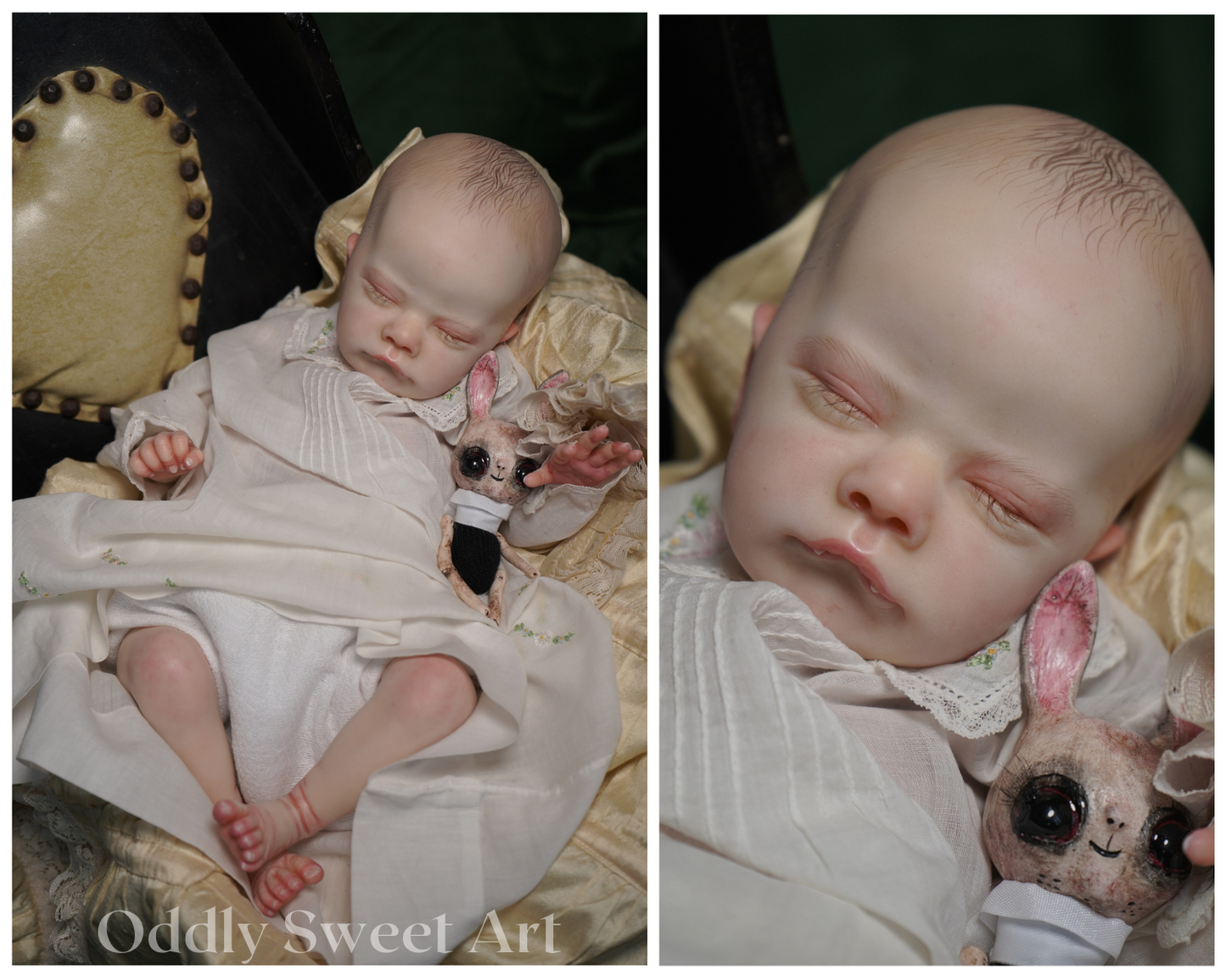 A split-screen close-up of a realistic sleeping doll or baby figure wrapped in a cream blanket, holding a small stuffed bunny. The left panel shows the full figure resting on a gold cushion, and the right panel is a tighter close-up of the face.