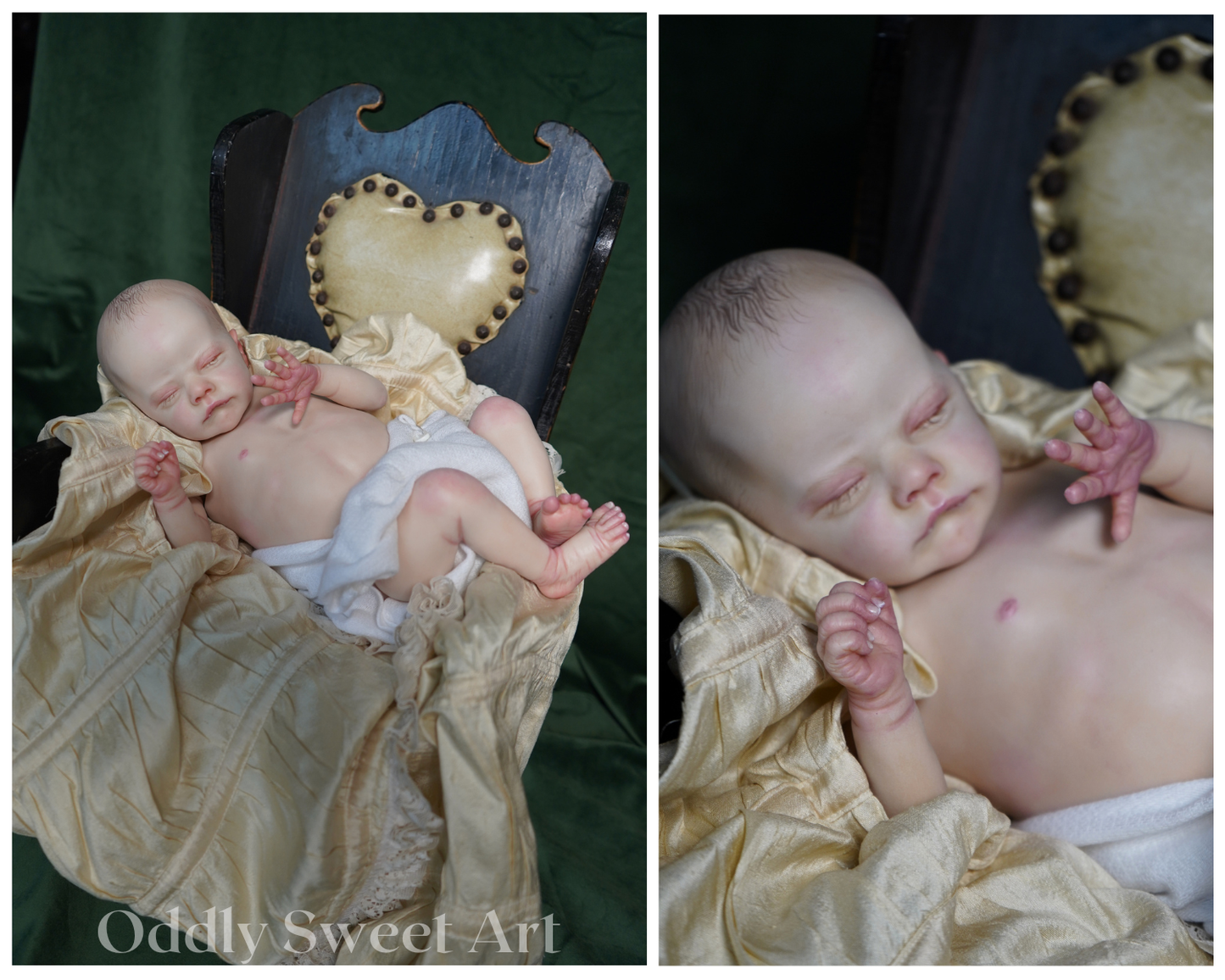 A side-by-side collage showing a realistic posed baby doll or newborn figurine wrapped in cream satin fabric, resting against a dark upholstered chair with a heart-shaped backrest. The left panel shows the full figure from the side, and the right panel shows a close-up of the head and upper torso.