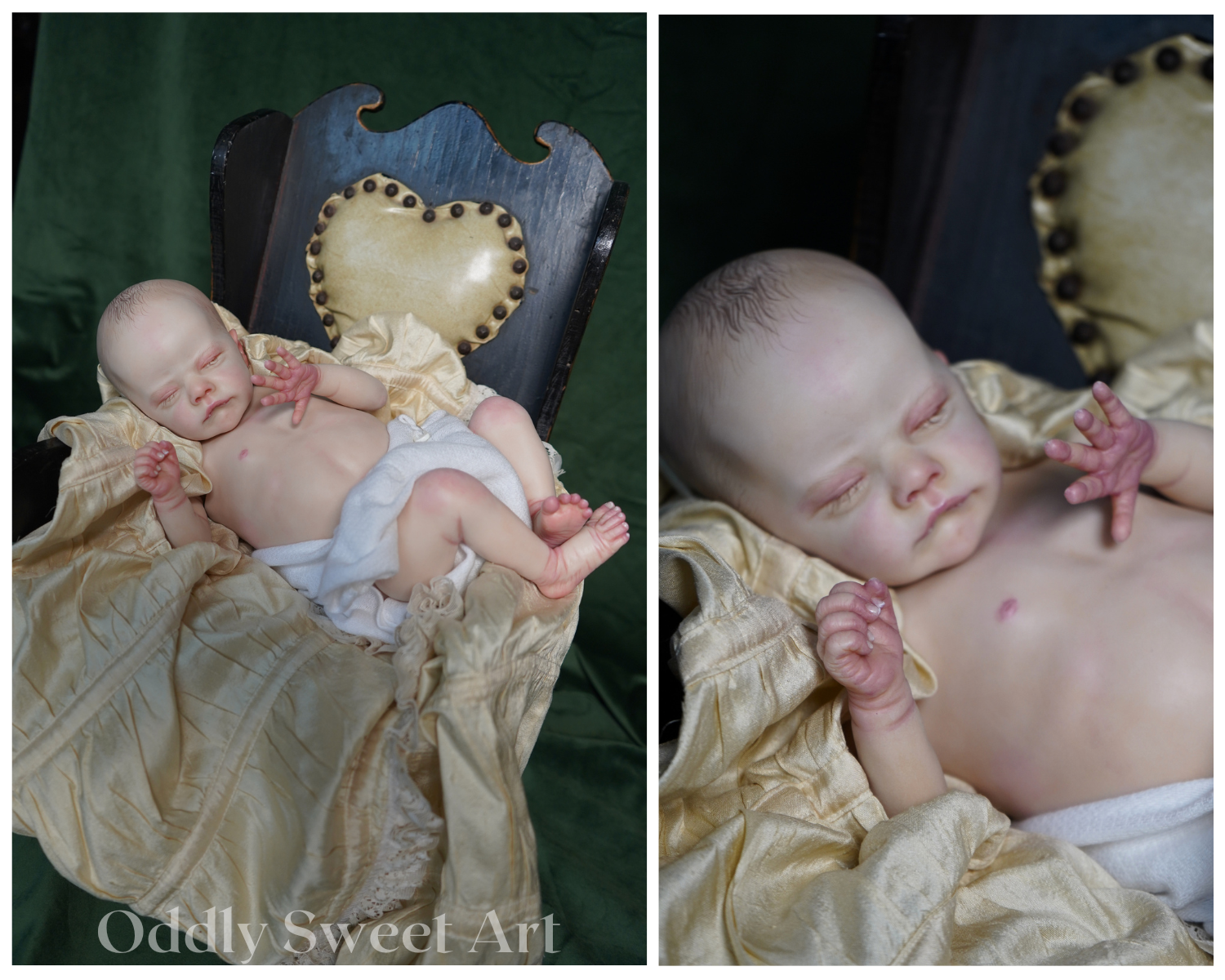 A side-by-side collage showing a realistic posed baby doll or newborn figurine wrapped in cream satin fabric, resting against a dark upholstered chair with a heart-shaped backrest. The left panel shows the full figure from the side, and the right panel shows a close-up of the head and upper torso.