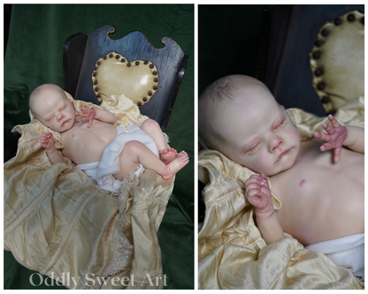 A side-by-side collage showing a realistic posed baby doll or newborn figurine wrapped in cream satin fabric, resting against a dark upholstered chair with a heart-shaped backrest. The left panel shows the full figure from the side, and the right panel shows a close-up of the head and upper torso.