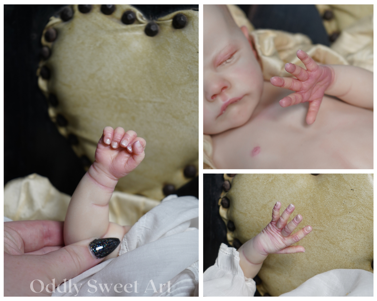 A three-panel collage showing a close-up of a baby's hand, chest, and arm resting against a textured beige cushion with dark buttons, with the text 'Oddly Sweet Art' at the bottom left.