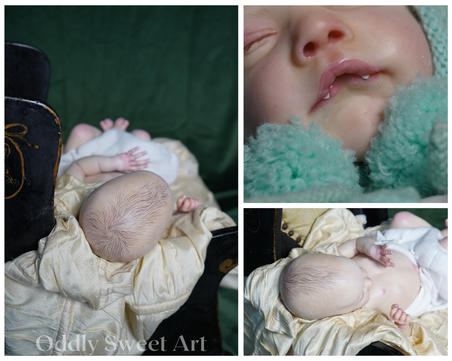 A three-panel collage showing a realistic baby doll or posed infant figure. The left panel shows the full figure lying on cream fabric with a dark green backdrop; the top-right panel is a close-up of the face wearing a mint knit hat; the bottom-right panel shows the feet and lower body.