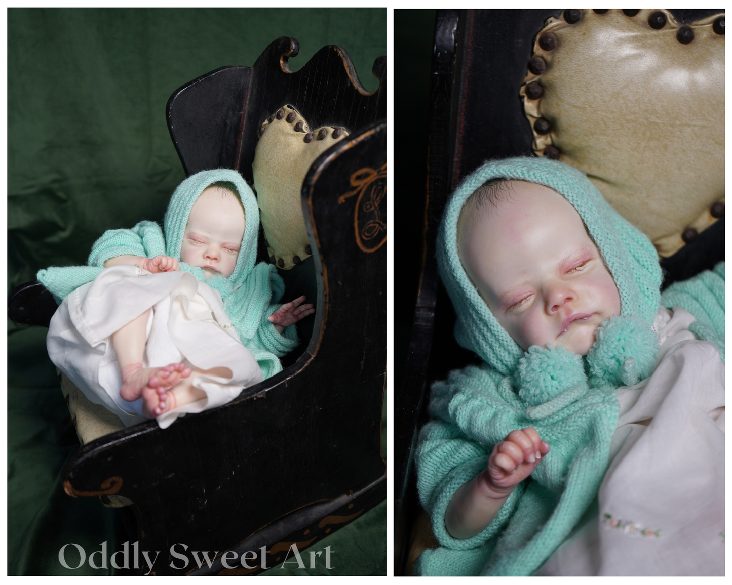 A side-by-side collage showing a realistic sleeping doll dressed in a mint green knit bonnet and matching knit wrap, lying on a white blanket inside a dark wooden chair. The left panel shows the full doll and chair against a dark green backdrop, while the right panel is a close-up of the doll's face and knit clothing.