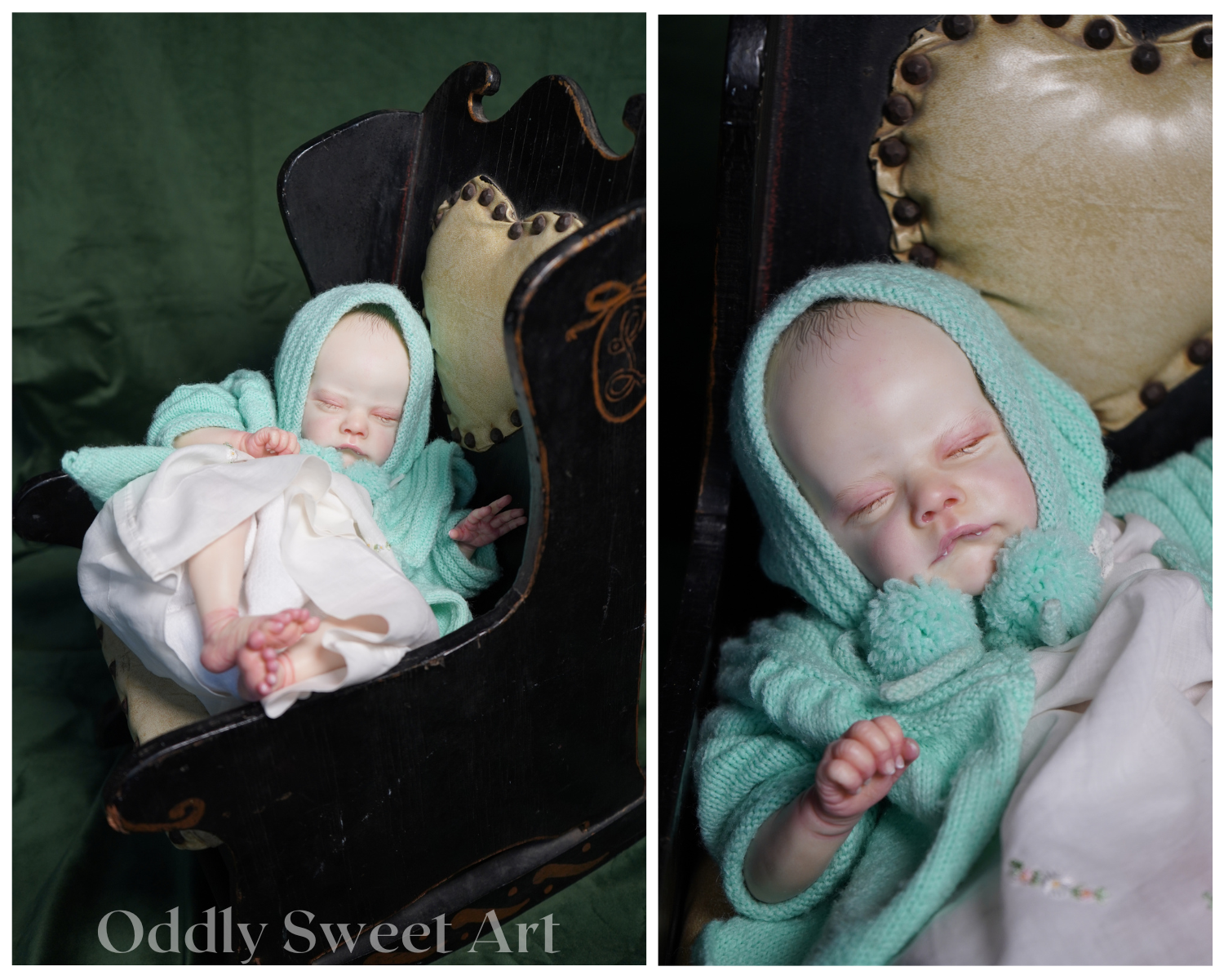 A side-by-side collage showing a realistic sleeping doll dressed in a mint green knit bonnet and matching knit wrap, lying on a white blanket inside a dark wooden chair. The left panel shows the full doll and chair against a dark green backdrop, while the right panel is a close-up of the doll's face and knit clothing.