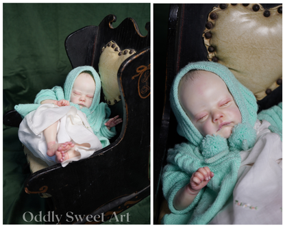 A side-by-side collage showing a realistic sleeping doll dressed in a mint green knit bonnet and matching knit wrap, lying on a white blanket inside a dark wooden chair. The left panel shows the full doll and chair against a dark green backdrop, while the right panel is a close-up of the doll's face and knit clothing.