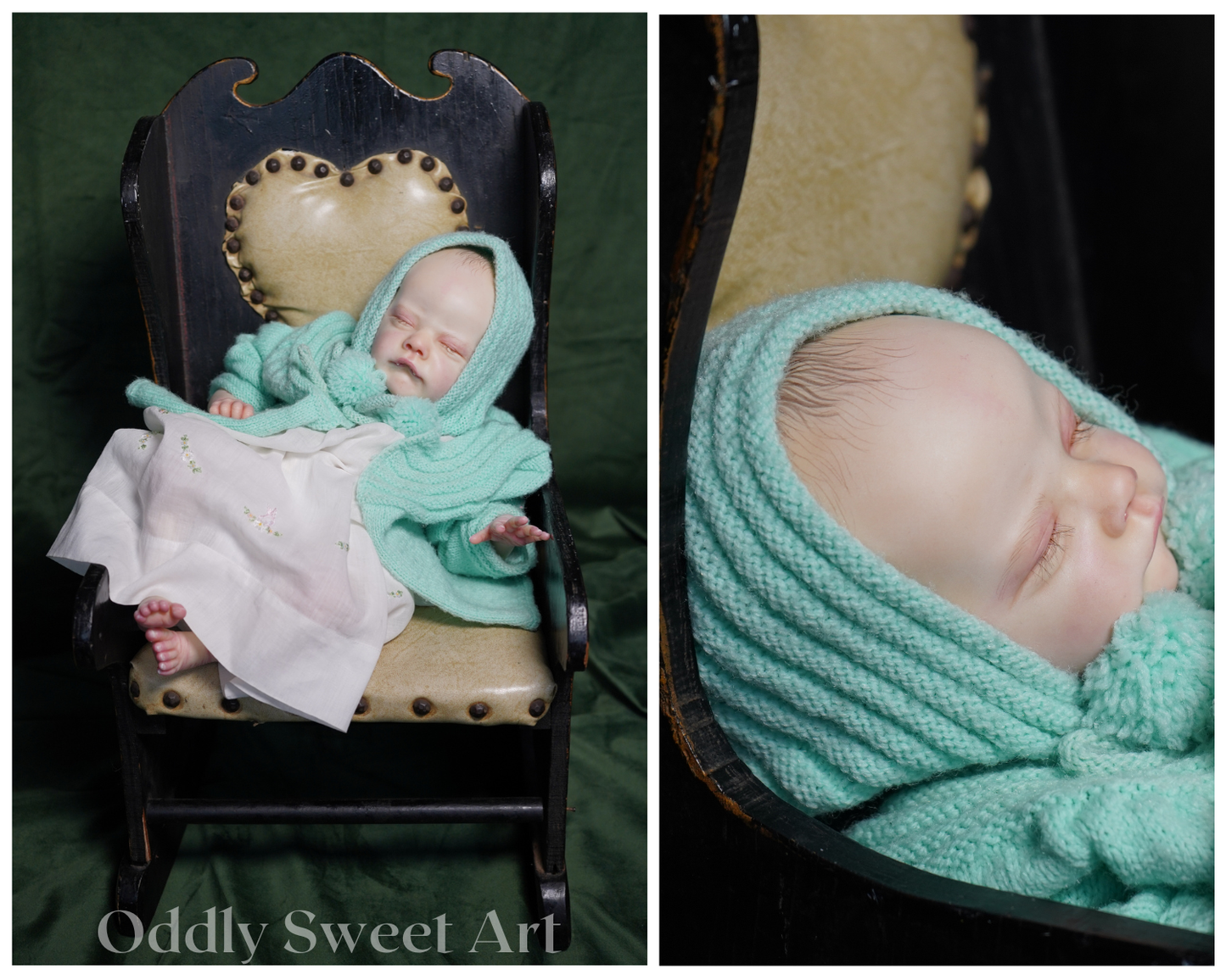 A split-panel photograph showing a sleeping newborn baby wrapped in a mint green knit bonnet and matching blanket, posed in an antique dark wooden rocking chair against a dark green backdrop. The right panel is a close-up of the baby's face and knit wrap.
