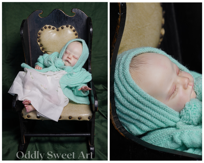 A split-panel photograph showing a sleeping newborn baby wrapped in a mint green knit bonnet and matching blanket, posed in an antique dark wooden rocking chair against a dark green backdrop. The right panel is a close-up of the baby's face and knit wrap.