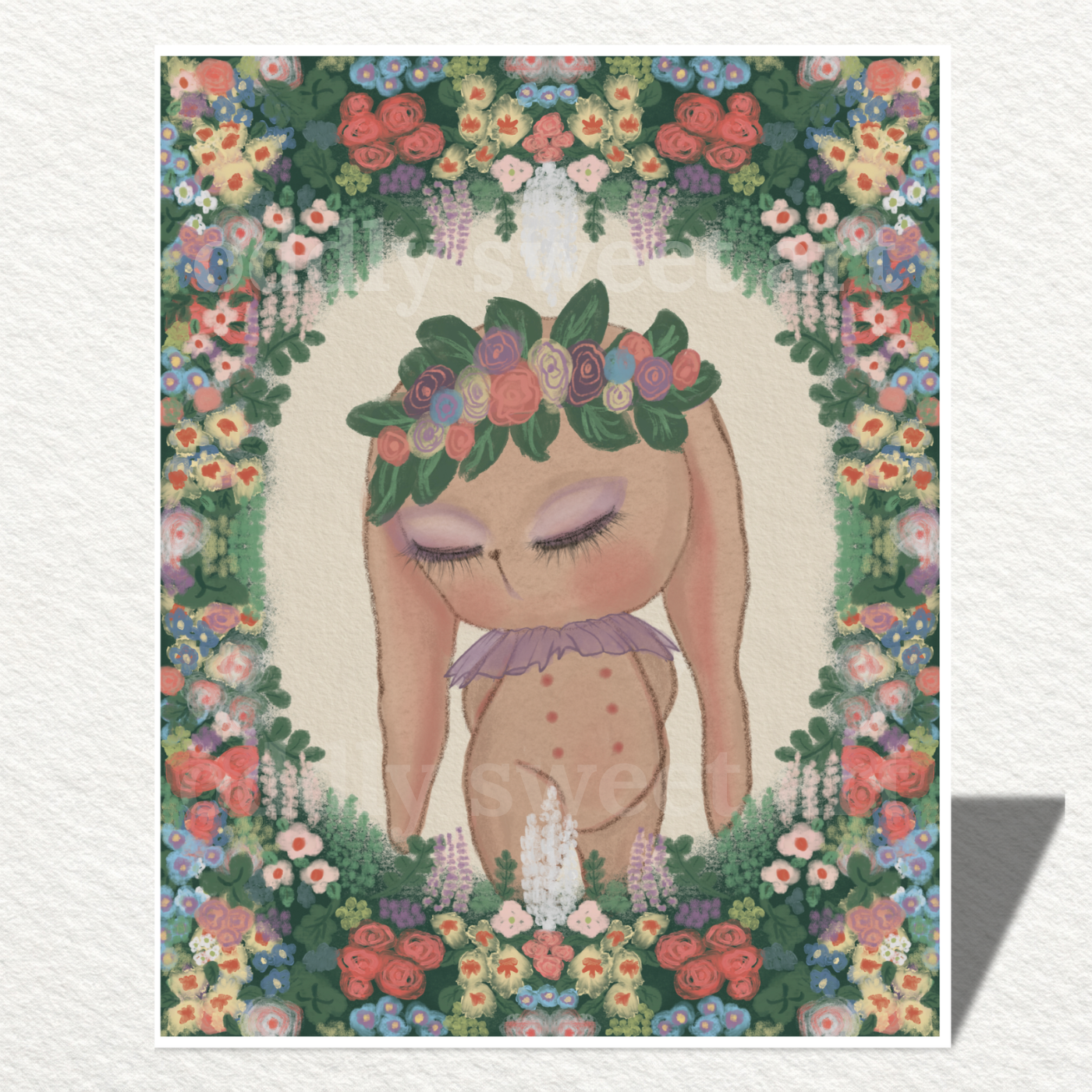 Illustration of a bunny with a floral crown surrounded by flowers on a white background