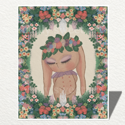 Illustration of a bunny with a floral crown surrounded by flowers on a white background