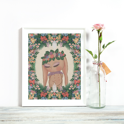 Framed artwork of a woman with flowers and a vase with a single pink rose on a white surface.
