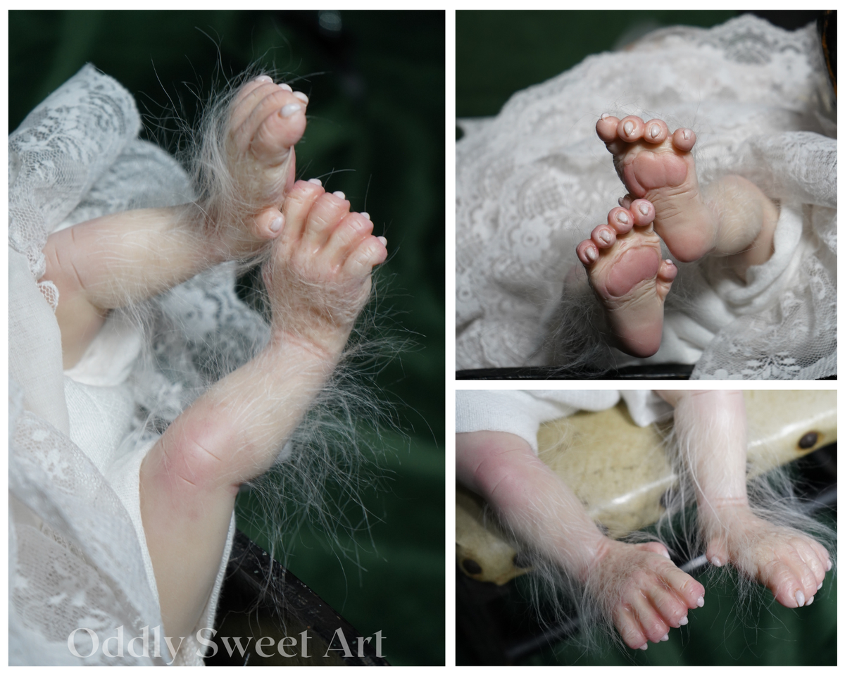 A three-panel collage showing close-up views of a doll's or miniature figure's bare feet and toes, with realistic skin tone, fingernails, and long white hair. The doll is dressed in white lace fabric, and the background is dark green.