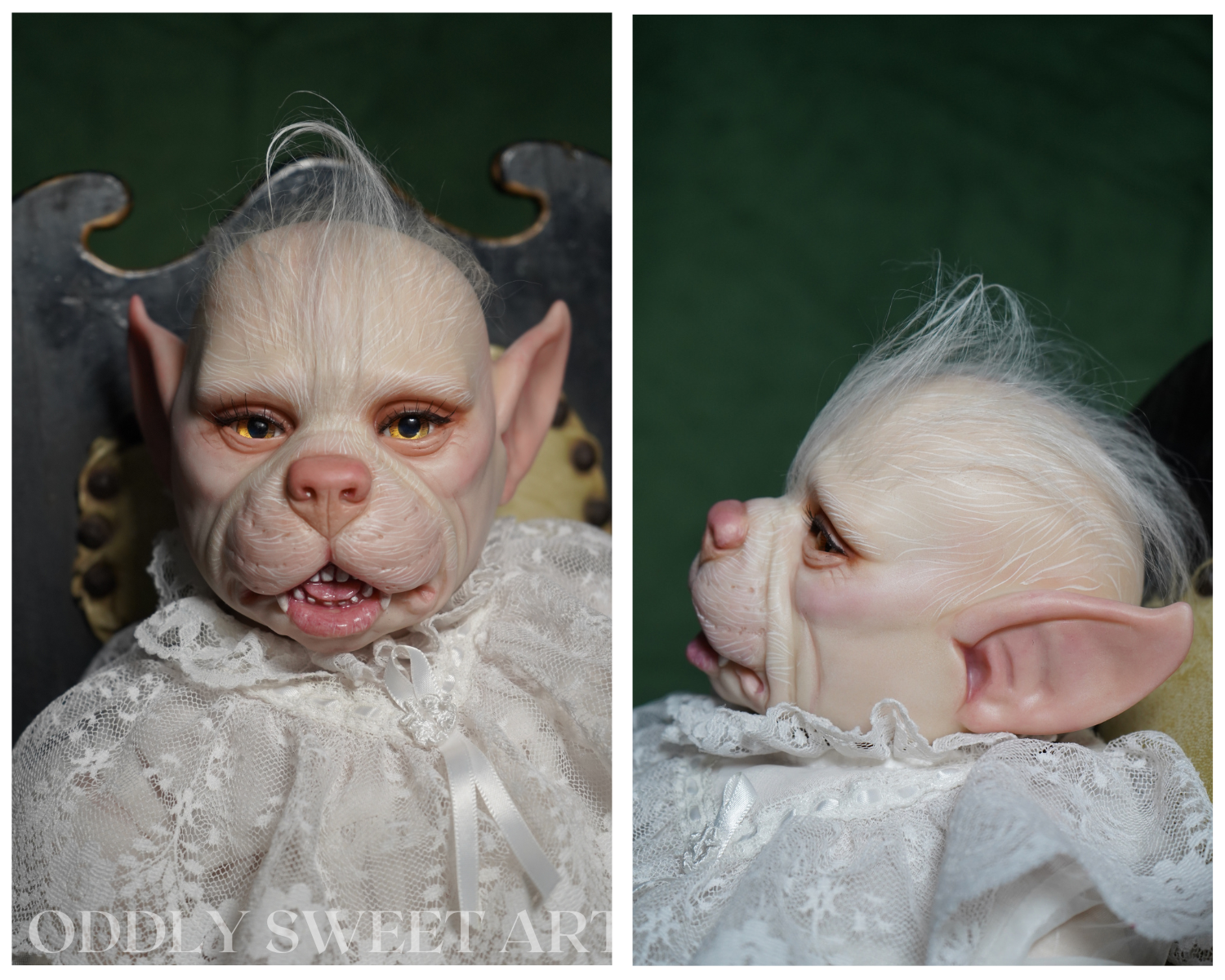 A split-view product photo of a realistic doll or character figure with pale skin, pointed ears, white hair, and a white lace dress, shown from the front and side against a dark green backdrop. A watermark reading 'ODDISSWEETART' appears at the bottom left.
