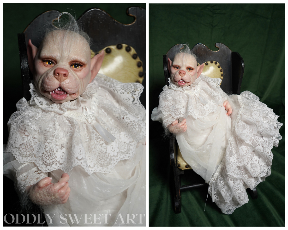 A split-panel product photo showing a realistic cat figurine or doll dressed in an ornate white lace and tulle gown, seated in a dark wooden chair against a dark green fabric backdrop. The left panel is a close-up, and the right panel shows a wider view of the seated figure.