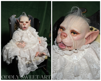 A split-panel close-up of a realistic reborn doll with pale skin, pointed ears, and a wrinkled snout, wearing a white lace dress. The left panel shows the doll seated in a dark chair against a dark green backdrop, while the right panel is a tighter close-up of the face and upper torso.