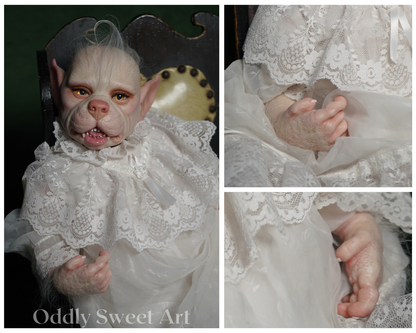 A collage showing a realistic fantasy doll or reborn figure with pale skin, pointed ears, and a white lace dress, with close-up inset views of the hands and dress. The text 'Oddly Sweet Art' appears at the bottom.