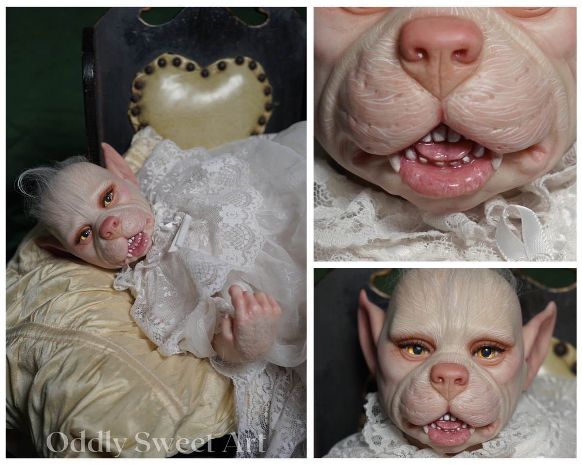 A collage showing a highly detailed, realistic reborn doll or animal character with pale skin, pointed ears, and a lace dress. The left panel shows the full figure posed in a chair, while the right panel contains two close-up views of the face and mouth area.