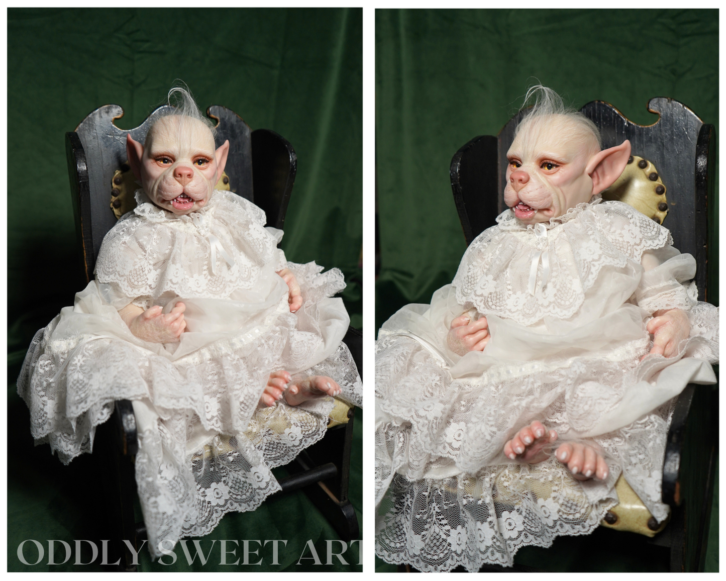 A side-by-side comparison of a realistic reborn doll with pointed ears, dressed in a white lace gown, seated in a dark wooden chair against a dark green background. The bottom left corner features the text 'ODDLY SWEET ART'.