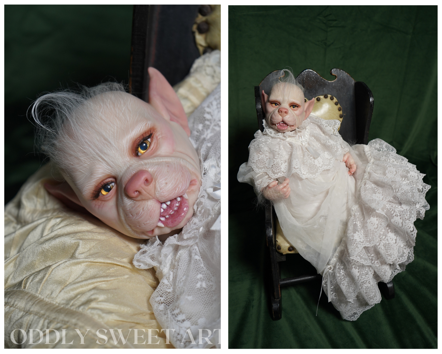 A split-panel photo showing a realistic fantasy creature doll or figurine with pale skin, pointed ears, and large amber eyes. The left panel shows a close-up reclining against a cream fabric, and the right panel shows the full figure seated in a small dark rocking chair wearing a white lace dress against a dark green backdrop.