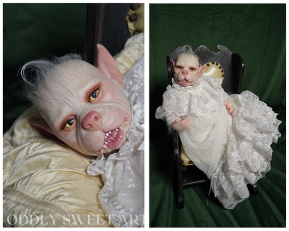 A split-panel photo showing a realistic fantasy creature doll or figurine with pale skin, pointed ears, and large amber eyes. The left panel shows a close-up reclining against a cream fabric, and the right panel shows the full figure seated in a small dark rocking chair wearing a white lace dress against a dark green backdrop.