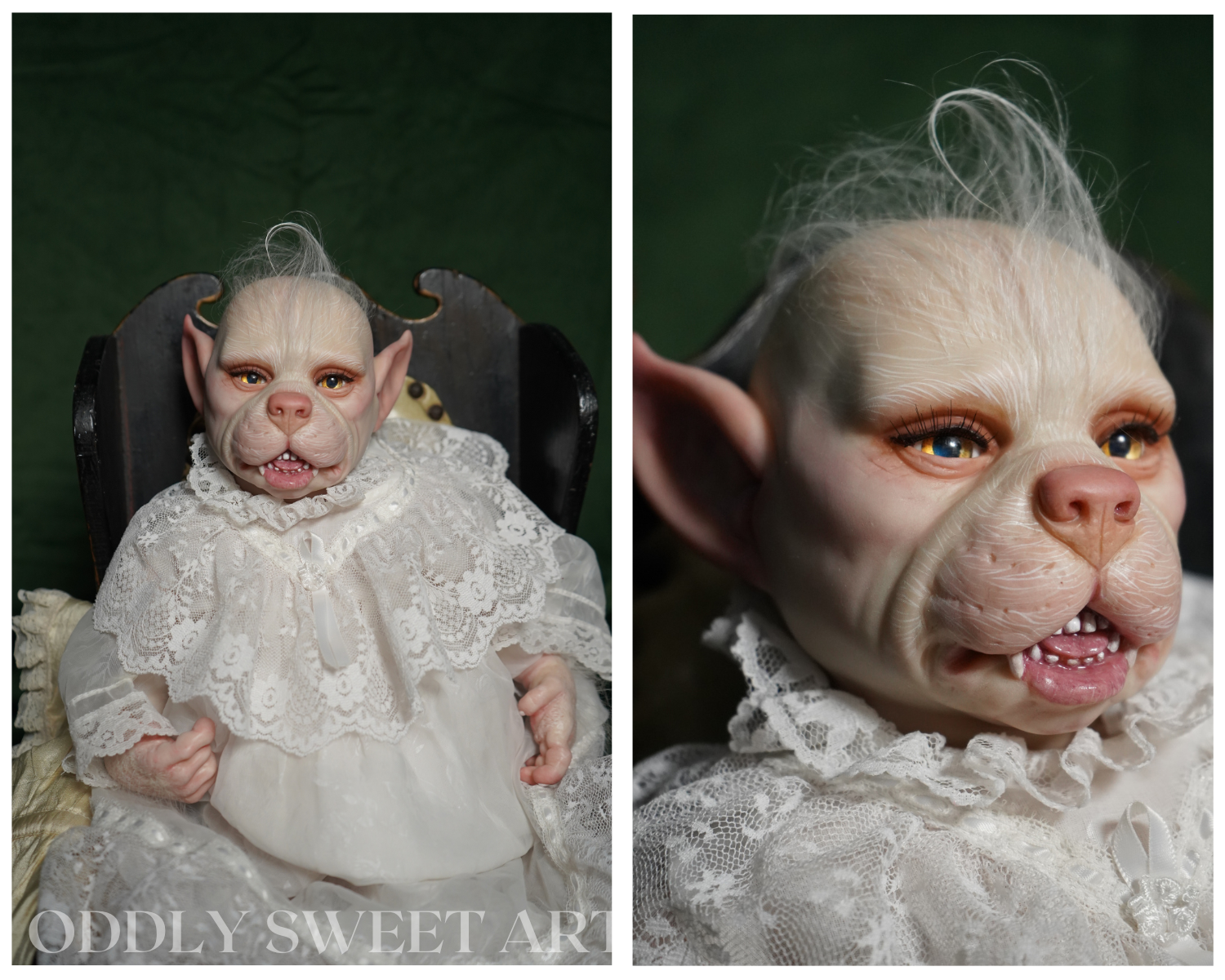 A split-panel photo showing a highly detailed, realistic dog figurine dressed in a white lace ruffled dress, sitting on a dark wooden chair against a dark green background. The left panel shows the full figurine, and the right panel is a close-up of its face and ears.