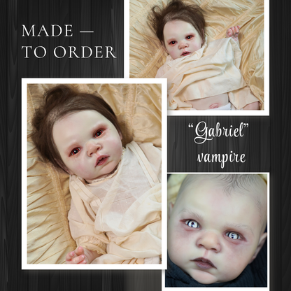 A collage-style listing image for a custom reborn doll named "Gabriel" vampire. The collage features three photos of a realistic reborn baby doll with pale skin, dark brown hair, and striking red or blue eyes, wrapped in a cream-colored gown, set against a dark wood-textured background with text reading "MADE - TO ORDER" and "'Gabriel' vampire'.