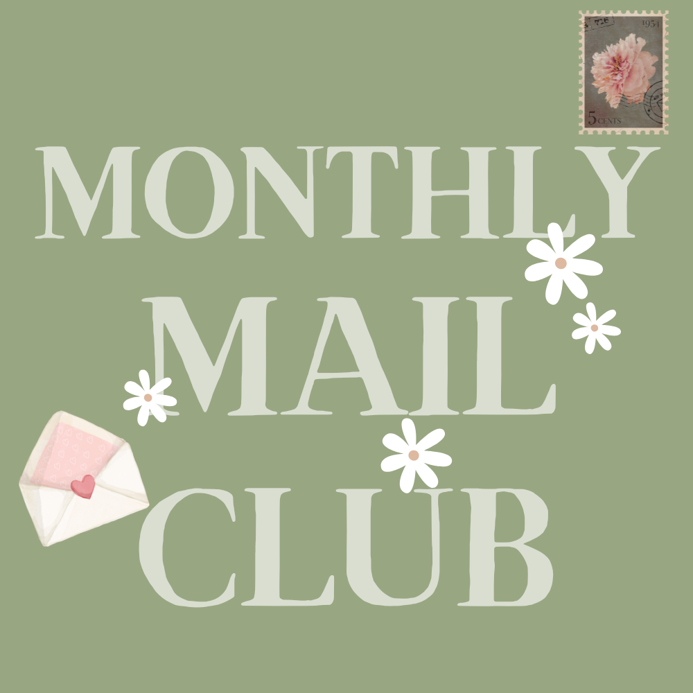 Advertisement for Monthly Mail Club with a pink envelope, flowers, and a stamp on a green background