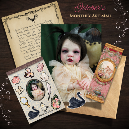 A digital graphic with a black background and ornate gold corner flourishes, featuring the text 'THE DARK CRADLE SOCIETY' at the top. Below, white and gold text lists included items for a monthly reborn doll photography subscription, including a double-sided 5x7 collectible art print, themed sticker sheet, individual sticker, coordinating sticker, bookmark, surprise sticker, and a personal letter from the studio. Each month you will receive a new piece of art, bookmark, sticker sheet, and die cut sticker. 