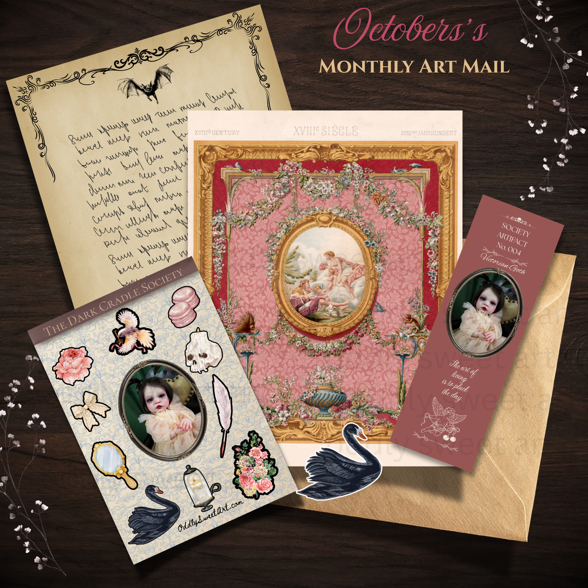 A digital graphic with a black background and ornate gold corner flourishes, featuring the text 'THE DARK CRADLE SOCIETY' at the top. Below, white and gold text lists included items for a monthly reborn doll photography subscription, including a double-sided 5x7 collectible art print, themed sticker sheet, individual sticker, coordinating sticker, bookmark, surprise sticker, and a personal letter from the studio. Each month you will receive a new piece of art, bookmark, sticker sheet, and die cut sticker. 