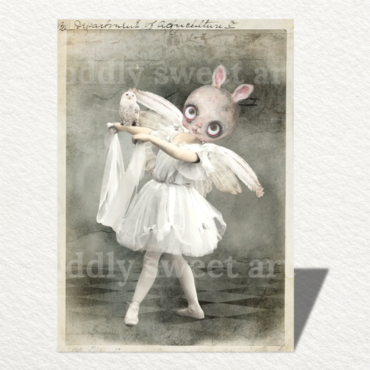 white background post card art print bunny ballerina holding a white owl