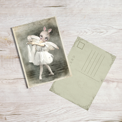 white background post card art print bunny ballerina holding a white owl
