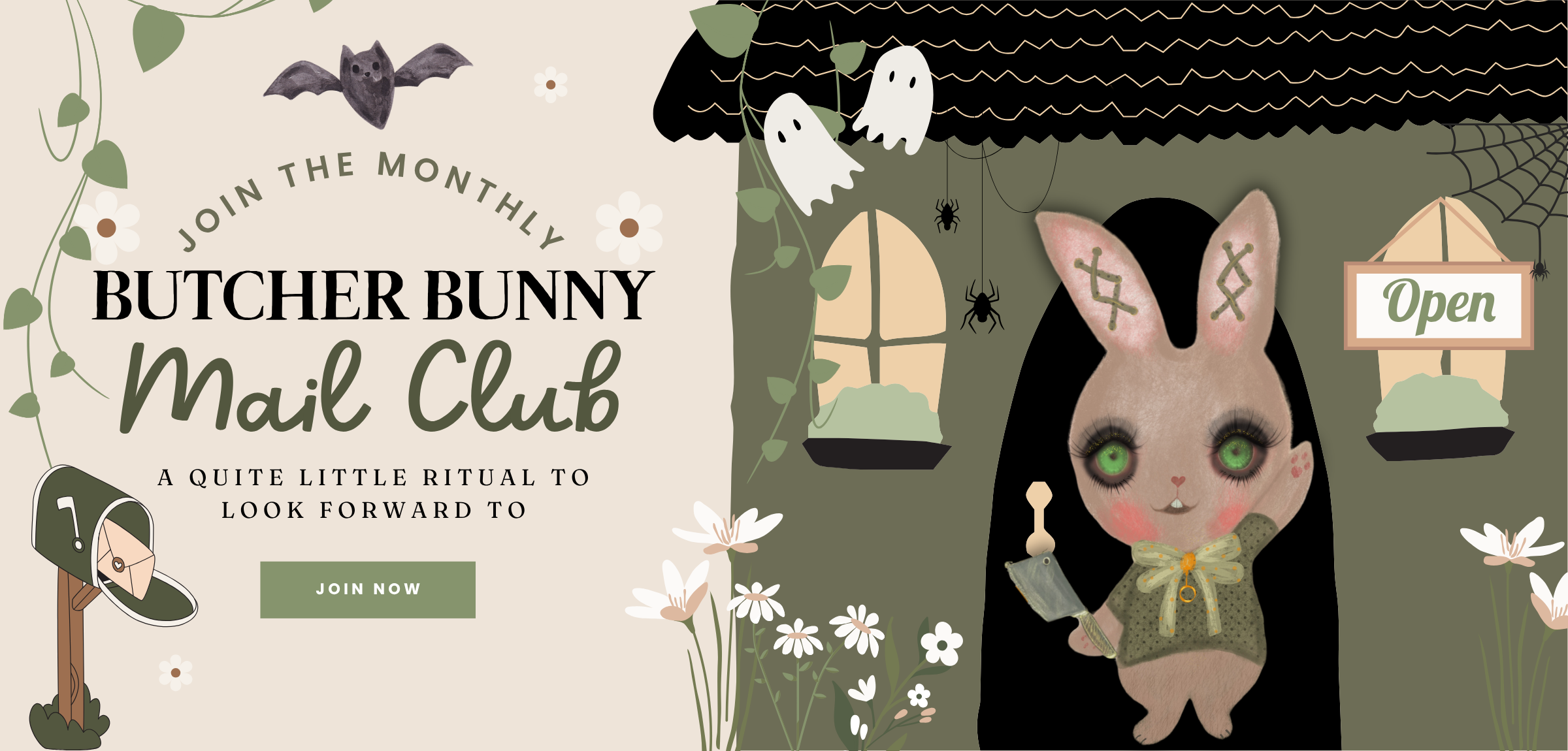 Join the butcher bunny mail club a quiet little ritual to look forward to, a spooky halloween house with a bunny waving hello