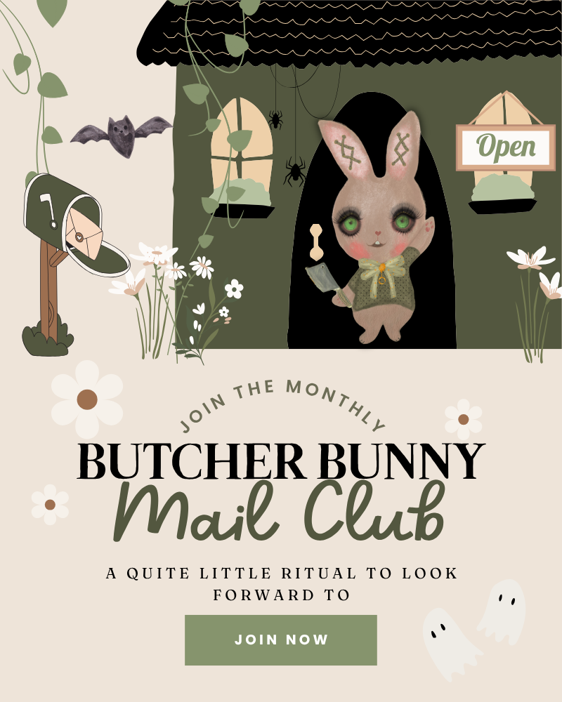 Join the butcher bunny mail club a quiet little ritual to look forward to, a spooky halloween house with a bunny waving hello