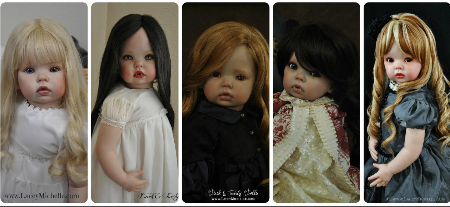 A five-panel collage showing five different porcelain dolls with detailed painted faces, long wavy hair, and vintage-style dresses in white, black, and gray.