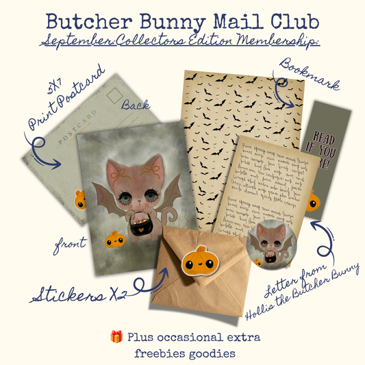 Butcher bunny mail club flyerwith a prink of r bat car holding a candy bucket and punpkin, stickers and bookmark