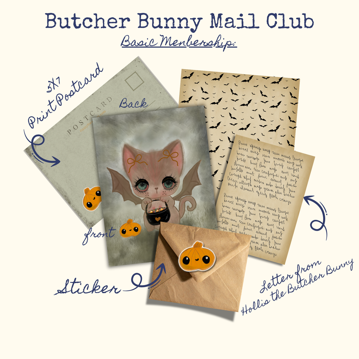 Butcher bunny mail club flyerwith a prink of r bat car holding a candy bucket and punpkin, stickers