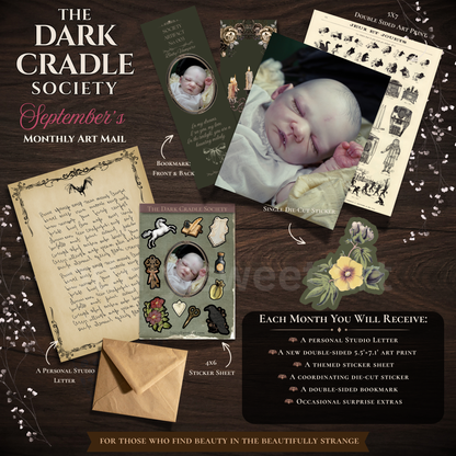 September dark cradle societys package with a reborn vampire baby, sticker, bookmark, studio letter. 