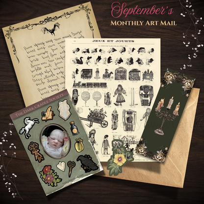 September dark cradle societys package with a reborn vampire baby, sticker, bookmark, studio letter. 