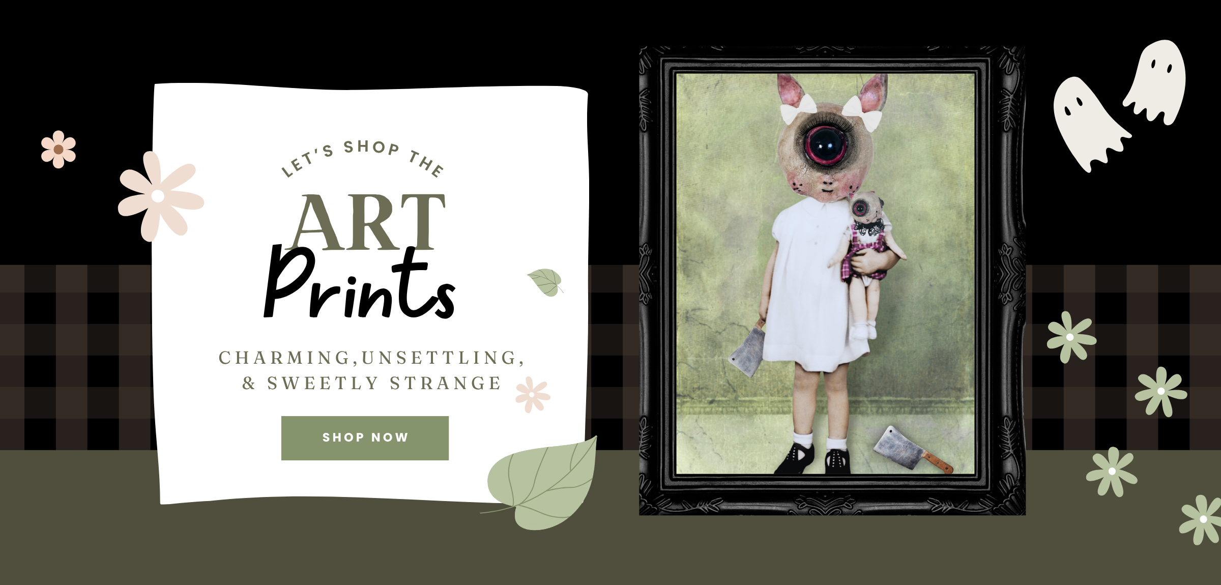 shop art prints banner with a cyclopse print and black victorian frame