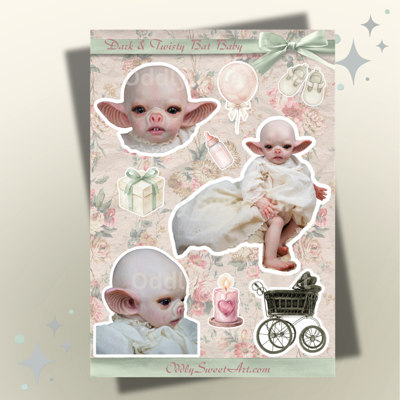 Sticker sheet with baby-themed illustrations and text on a decorative background