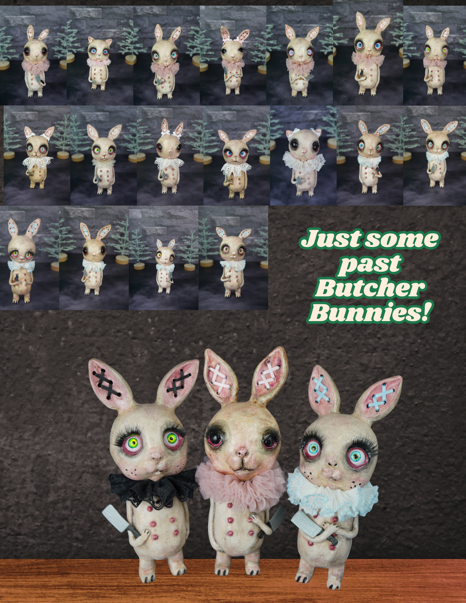 Collage of pastel-colored bunny figures with text 'Just some past Butcher Bunnies!' on a dark background.