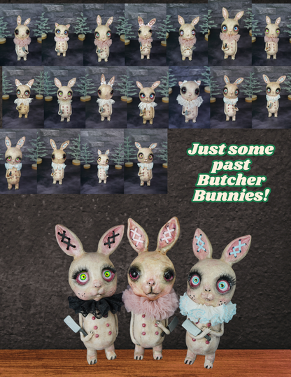 Collage of pastel-colored bunny figures with text 'Just some past Butcher Bunnies!' on a dark background.